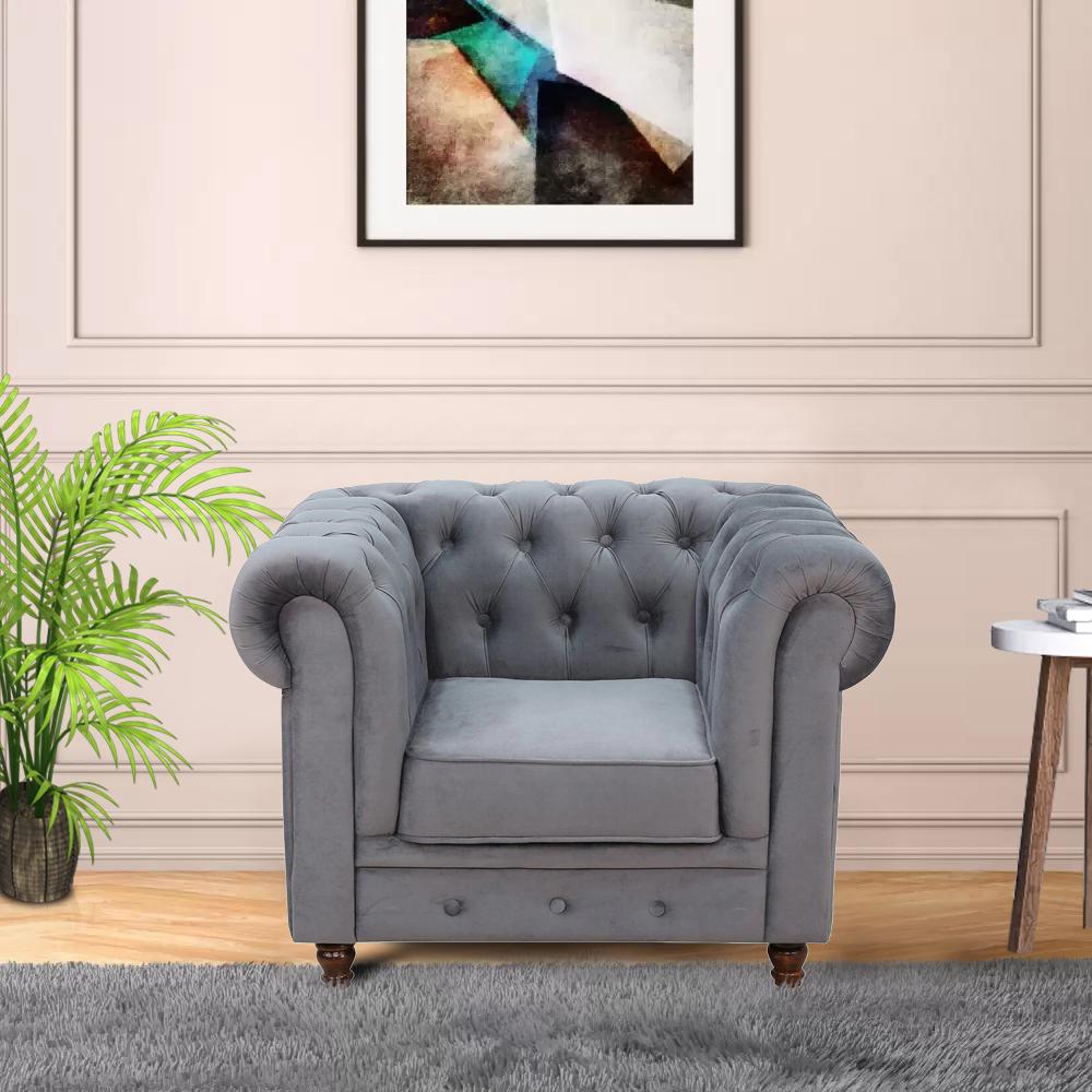 Amiyah 1 Seater Suede Sofa in Grey Colour
