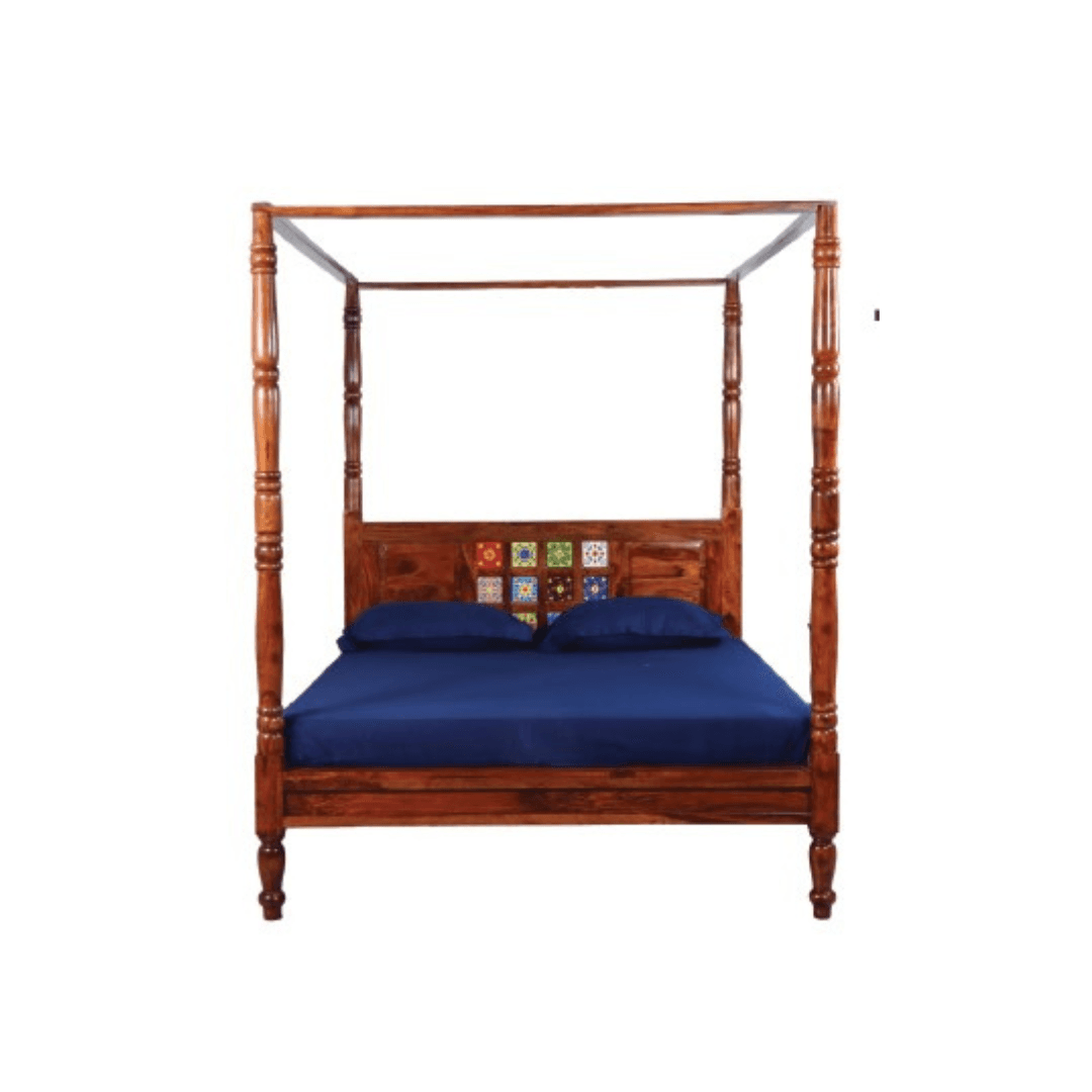Lazan Queen Size Sheesham Wood Bed in Walnut Colour