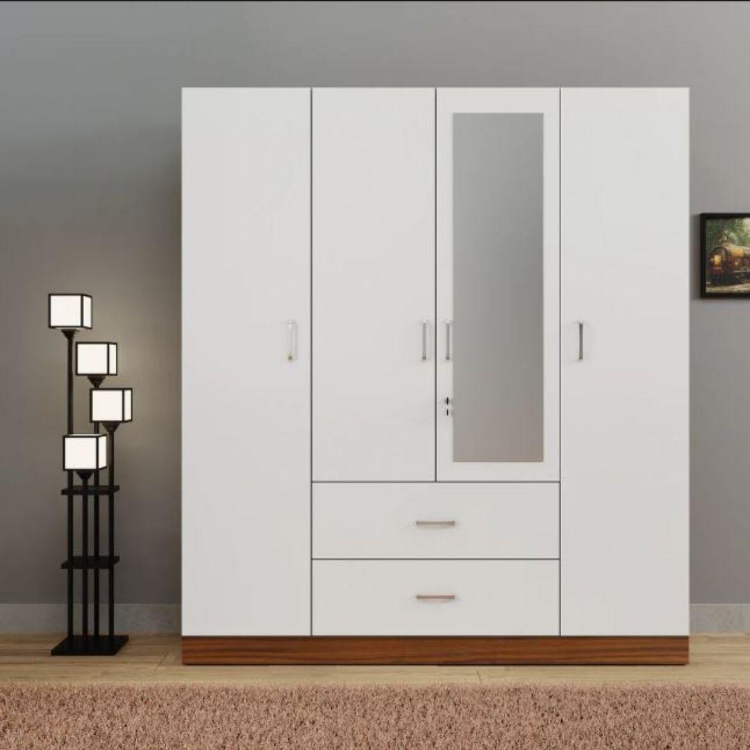 Dryon Engineered Wood 4 Door Wardrobe in White & Walnut Colour