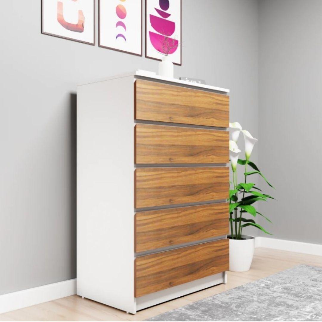 Wrenly Engineered Wood Chest of Drawers in Walnut & White Colour