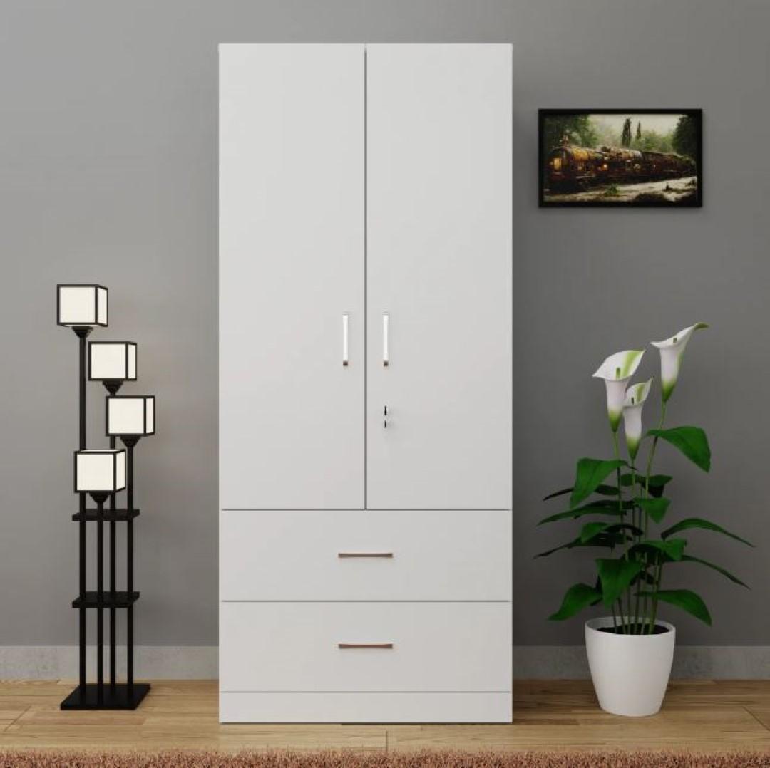 Shia 2 Door Engineered Wood Wardrobe in White Colour