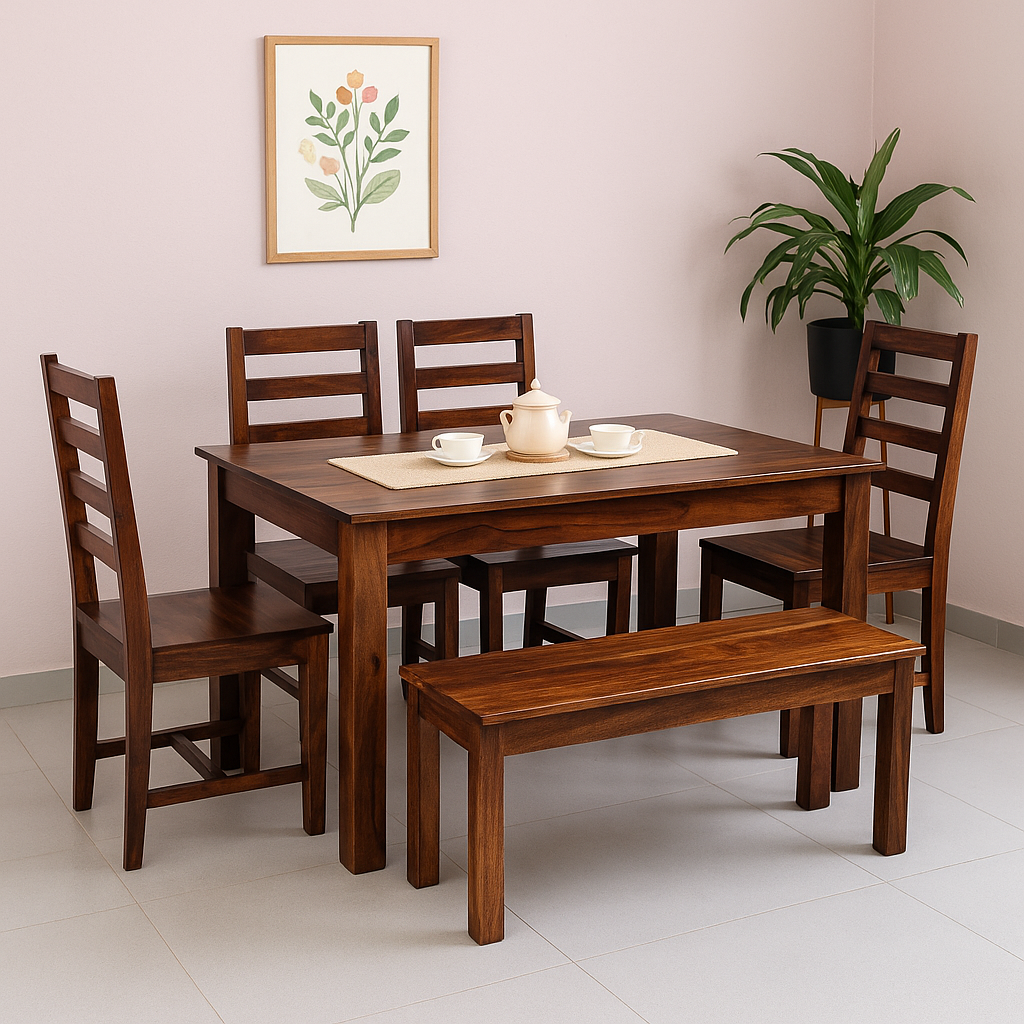 Boston 6 Seater Solid Sheesham Wood Dining set (Bench) in Dark Walnut Finish