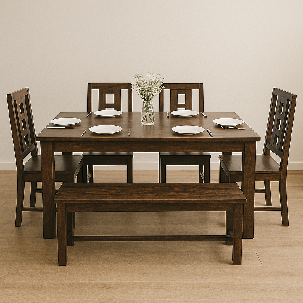 Jersey 6 Seater Solid Sheesham Wood Dining set (Bench) in Dark Walnut Finish