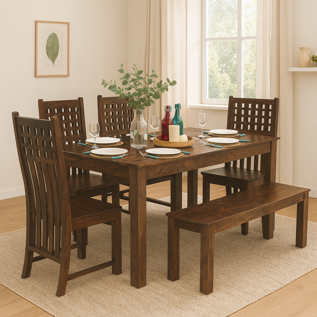 Clinton 6 Seater Solid Sheesham Wood Dining set (Bench) in Dark Walnut Finish