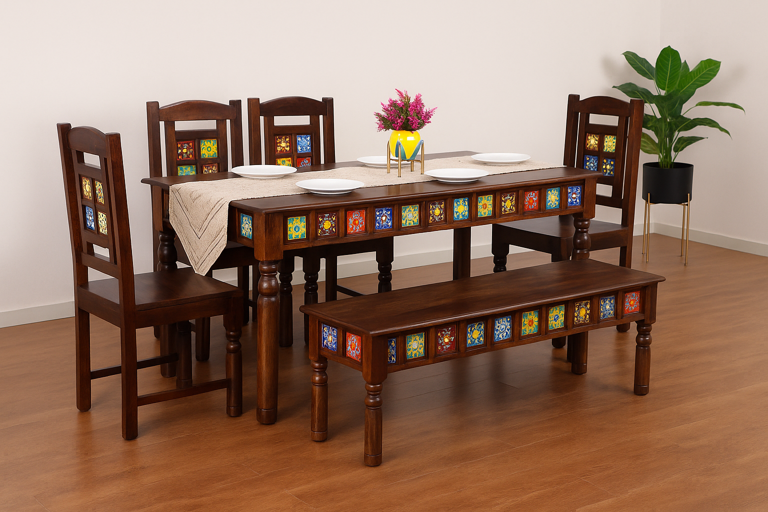 Amura 6 Seater Solid Sheesham Wood Dining set (Bench) in Dark Walnut Finish