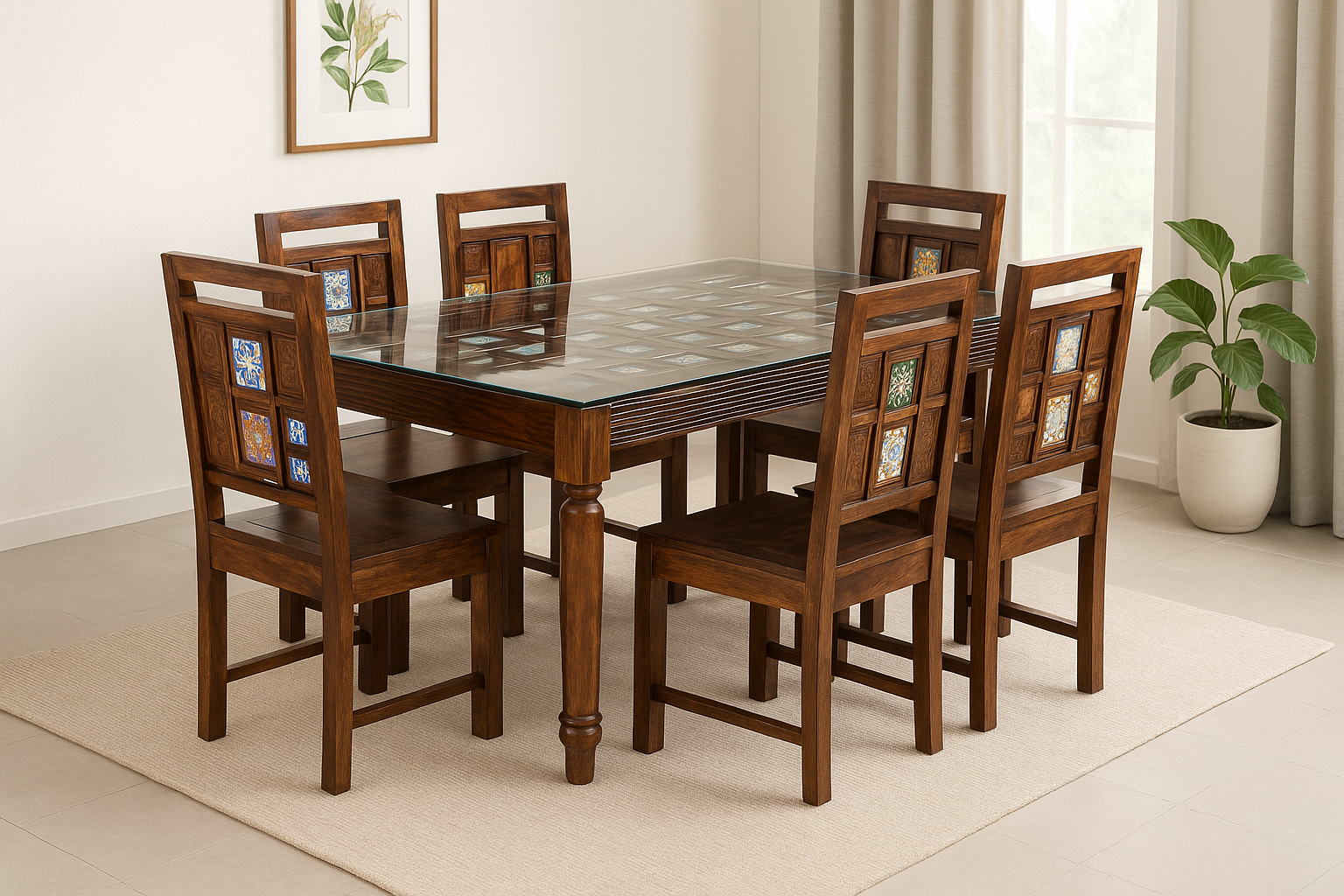 Cairo 6 Seater Solid Sheesham Wood Dining set in Dark Walnut Finish With Glass