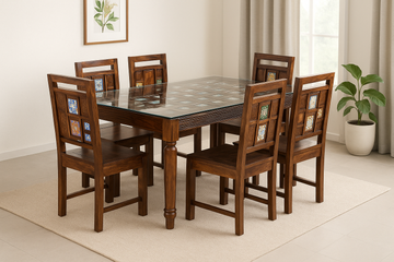 Cairo 6 Seater Solid Sheesham Wood Dining set in Dark Walnut Finish With Glass