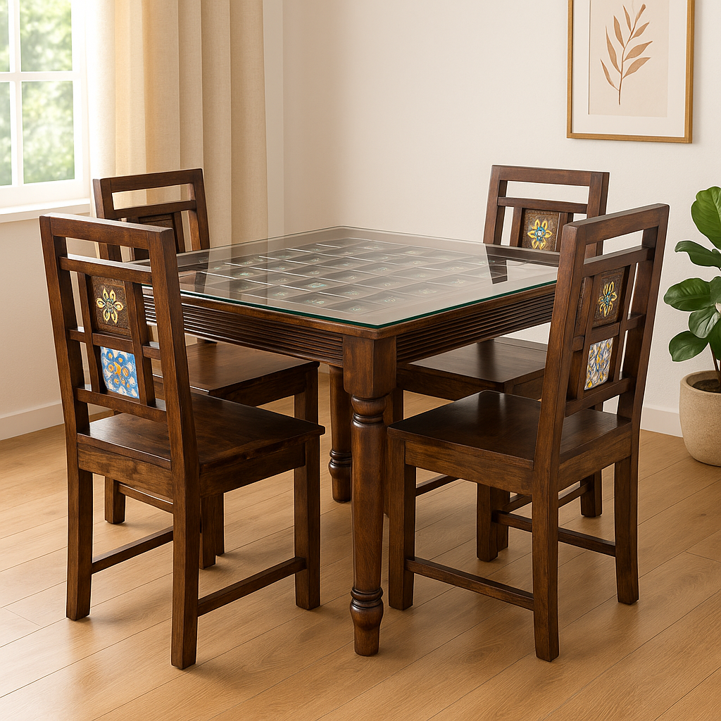 Cairo 4 Seater Solid Sheesham Wood Dining set in Dark Walnut Finish With Glass