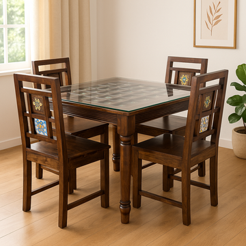 Cairo 4 Seater Solid Sheesham Wood Dining set in Dark Walnut Finish With Glass