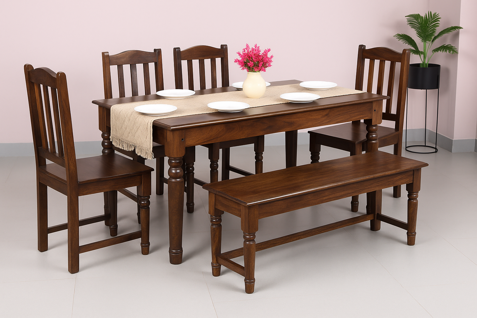 Rawat 6 Seater Solid Sheesham Wood Dining set (Bench) in Dark Walnut Finish