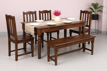 Rawat 6 Seater Solid Sheesham Wood Dining set (Bench) in Dark Walnut Finish