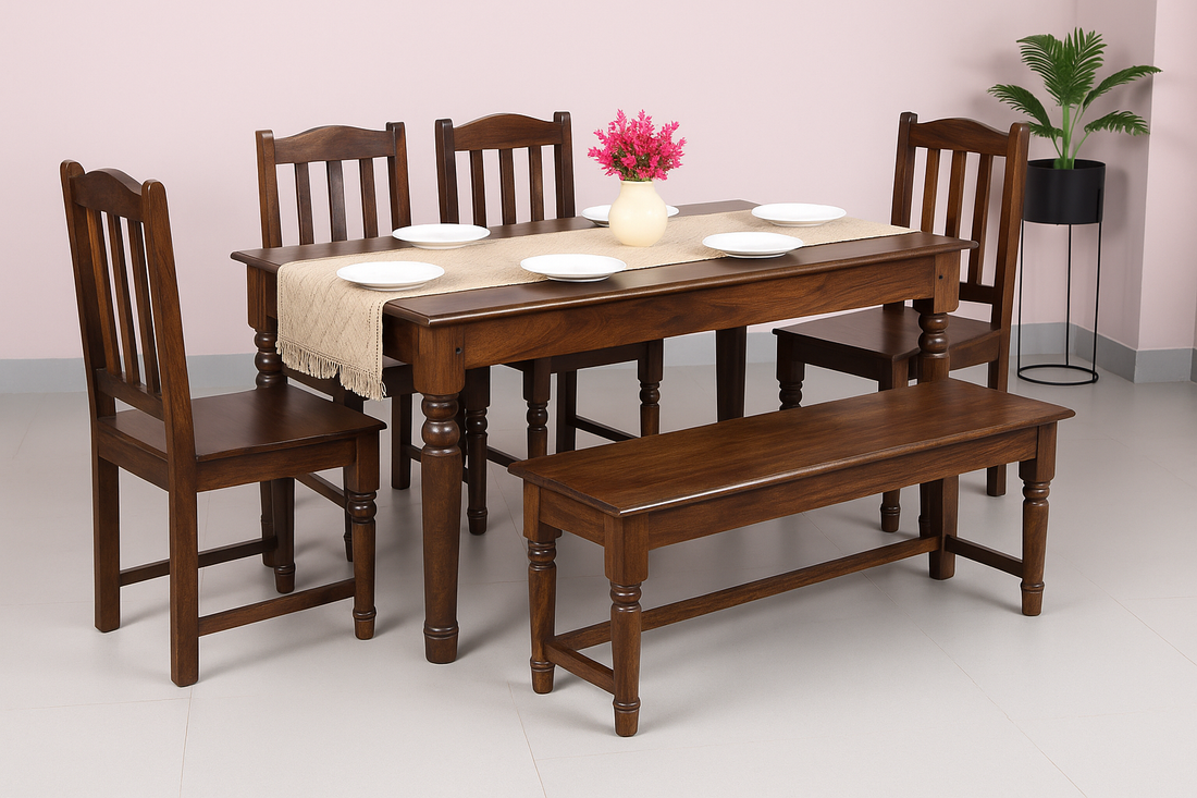 Rawat 6 Seater Solid Sheesham Wood Dining set in Dark Walnut Finish