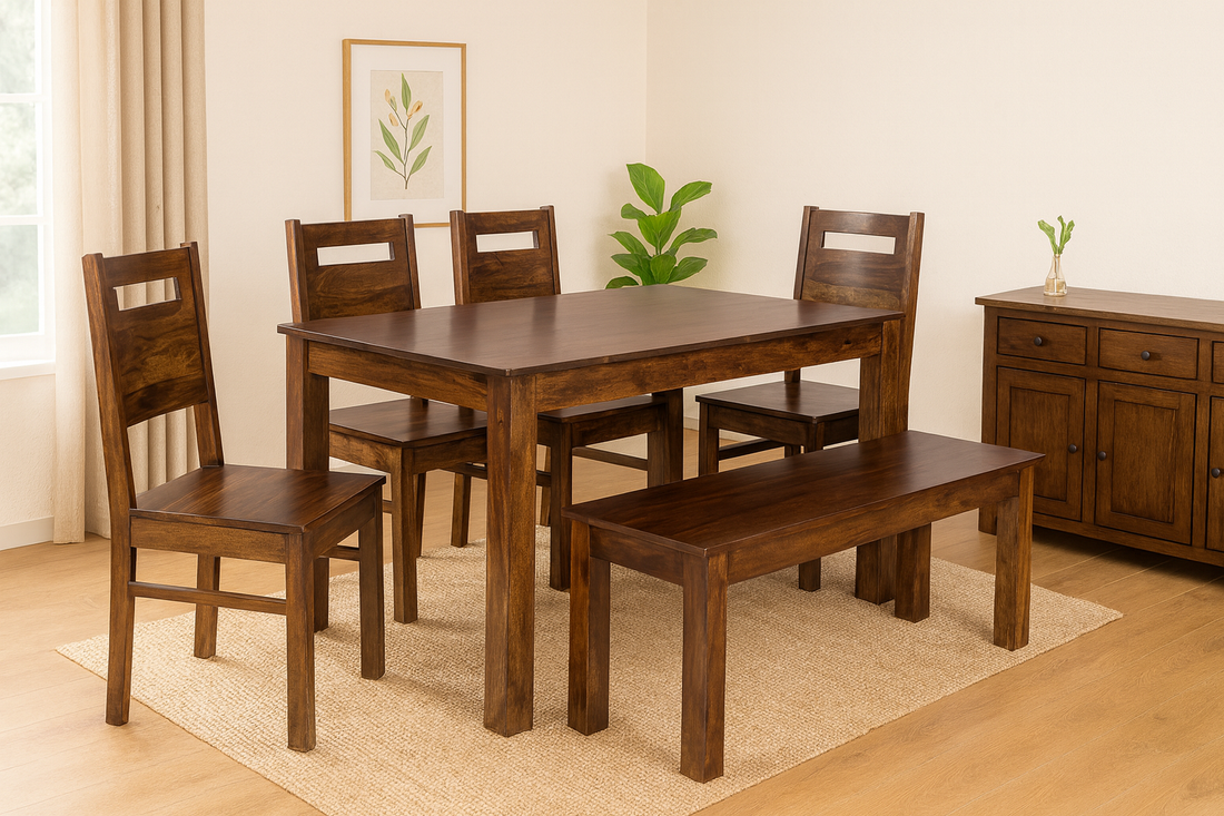 Amaze 6 Seater Solid Sheesham Wood Dining set (Bench) in Dark Walnut Finish