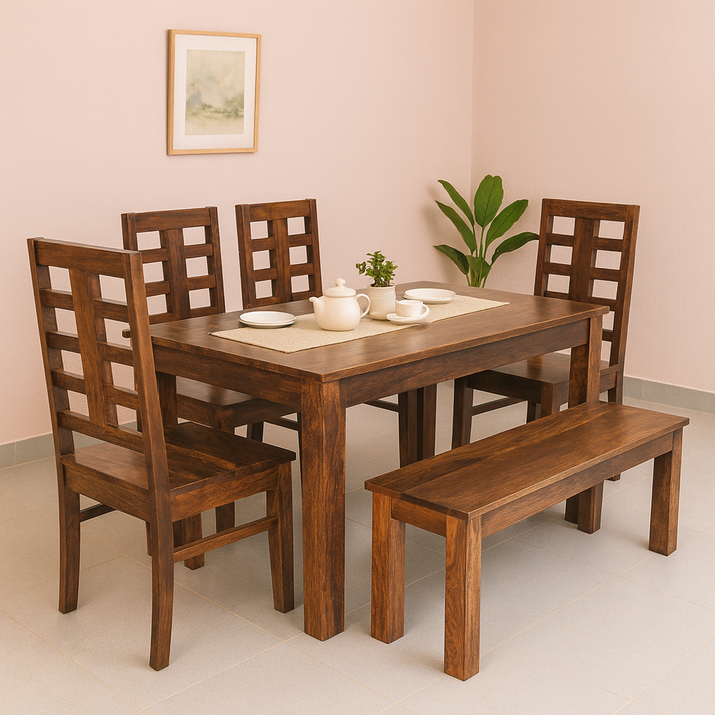 Urban 6 Seater Solid Sheesham Wood Dining set (Bench) in Dark Walnut Finish