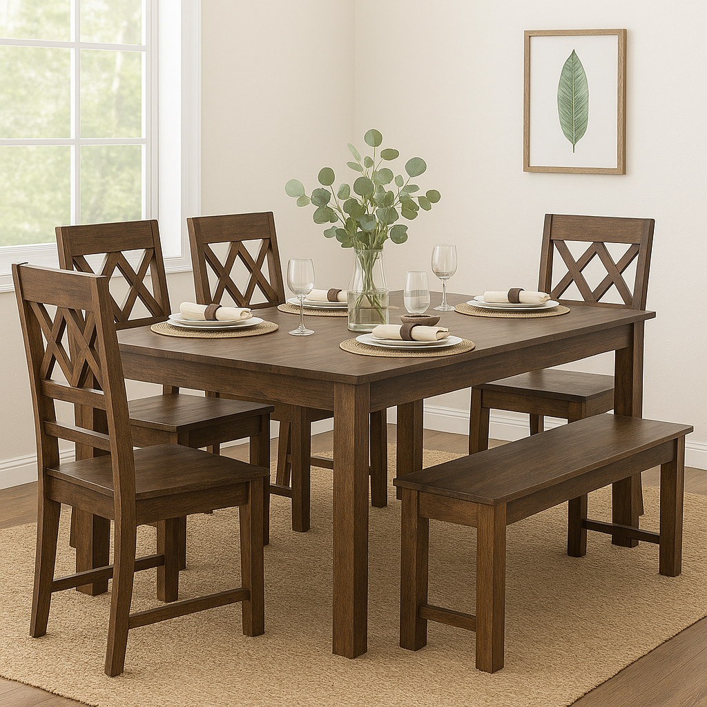 Riverside 6 Seater Solid Sheesham Wood Dining set (Bench) in Dark Walnut Finish