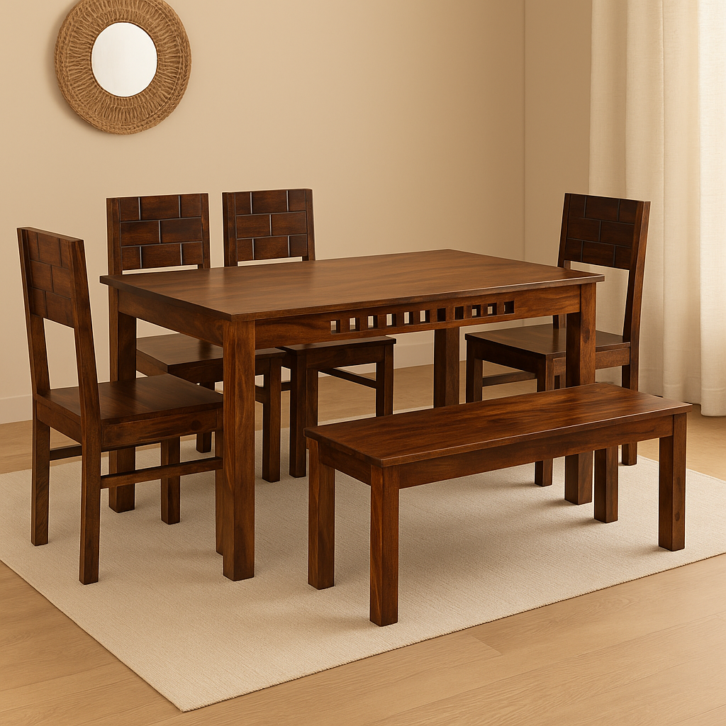Brick 6 Seater Solid Sheesham Wood Dining set in Dark Walnut Finish