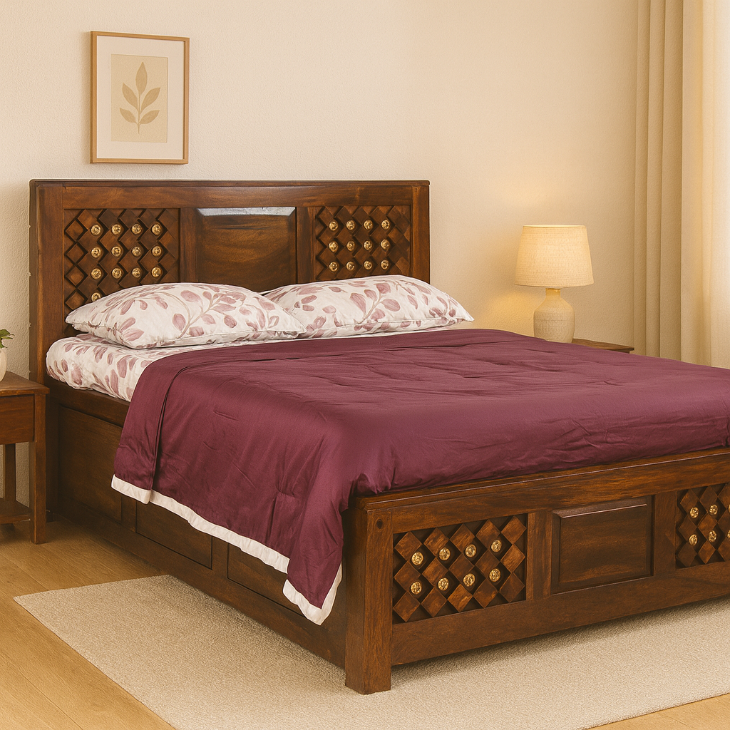 York Solid Wood King Size Hydraulic Bed in Dark Walnut Finish