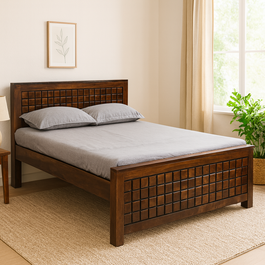 Aria Solid Wood King Size Non Storage Bed in Dark Walnut Finish