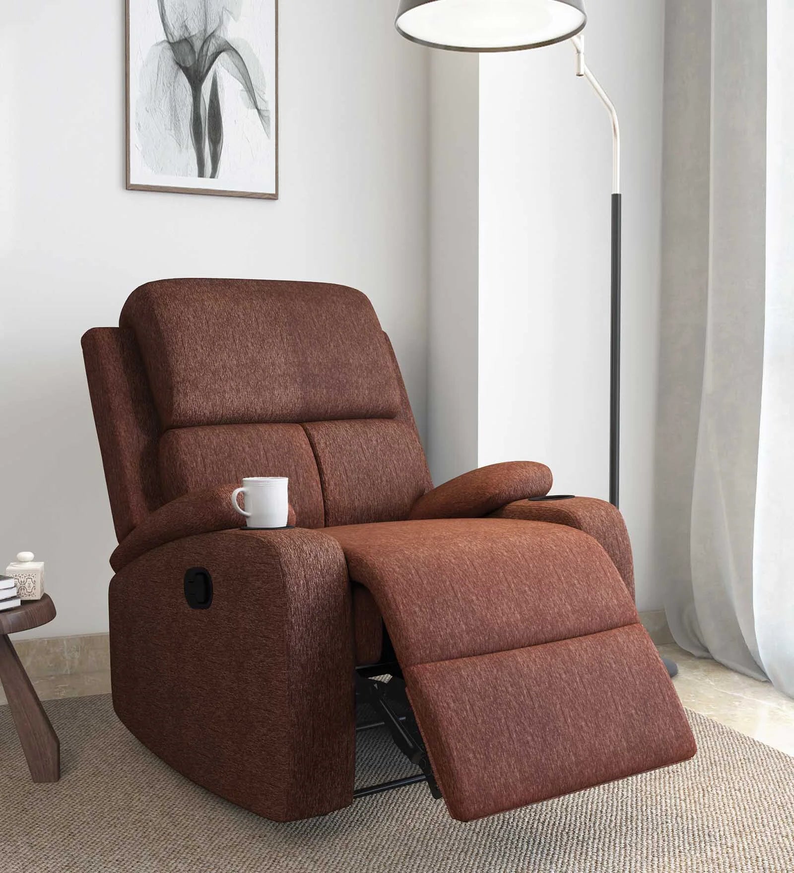 Caro Single Seater Manual Recliner in Coco Finish With Cup Holder