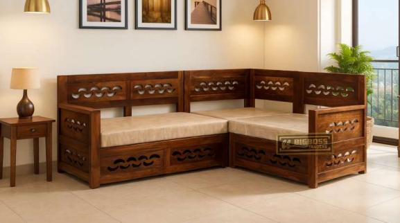 CNC Corner Sectional Fabric Sofa in Green Finish (3+3)