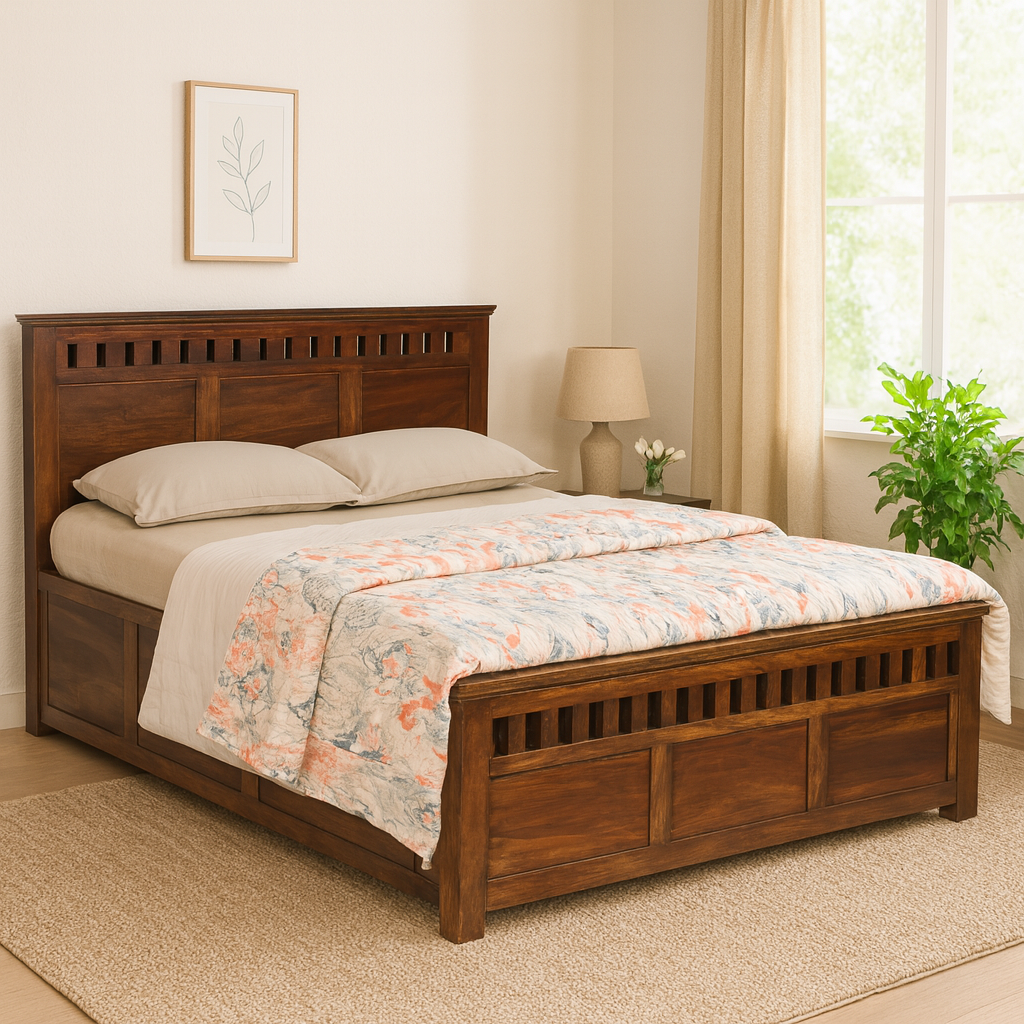 Aruba Solid Wood Queen Size Hydraulic Bed in Dark Walnut Finish