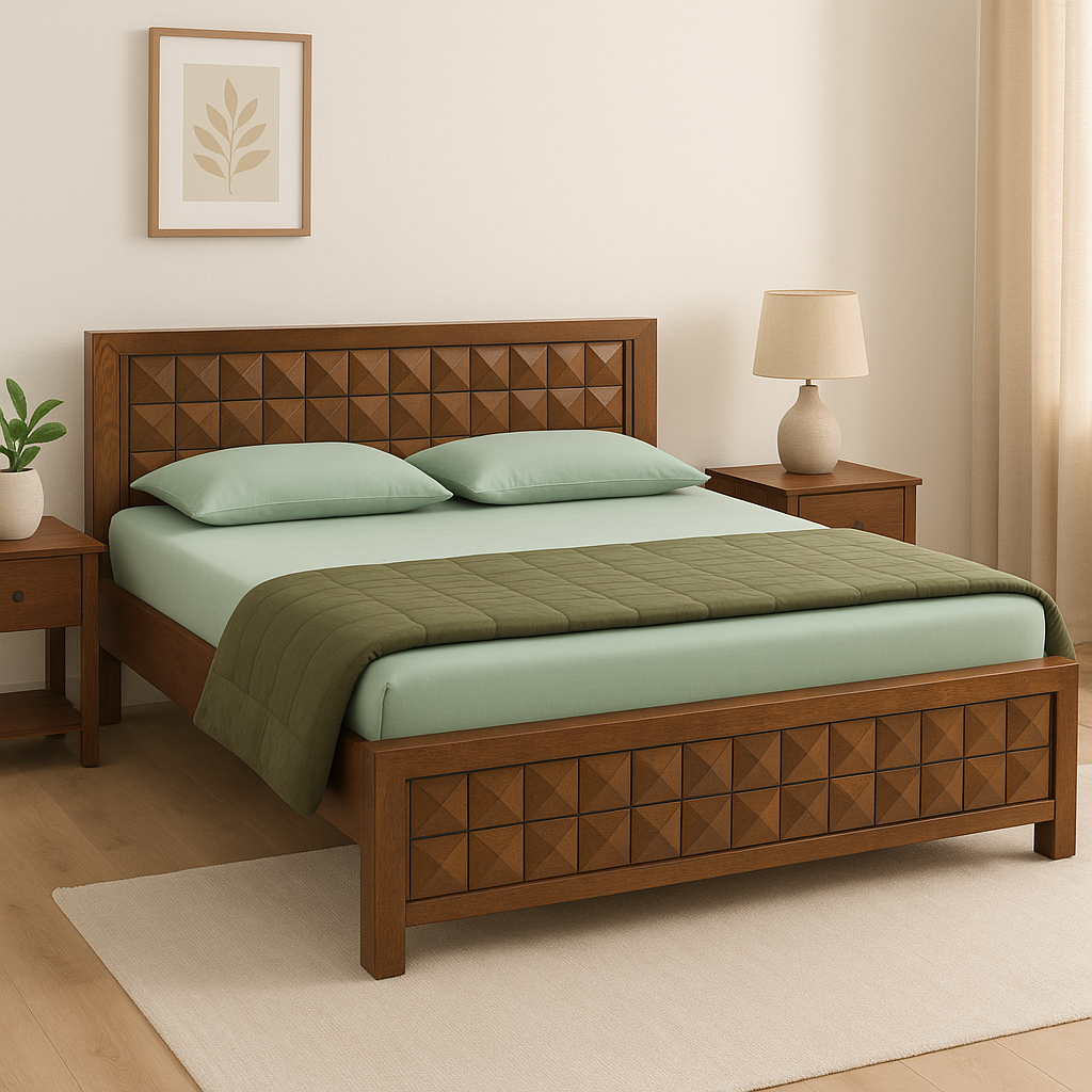 London Solid Wood Queen Size Non Storage Bed in Dark Walnut Finish
