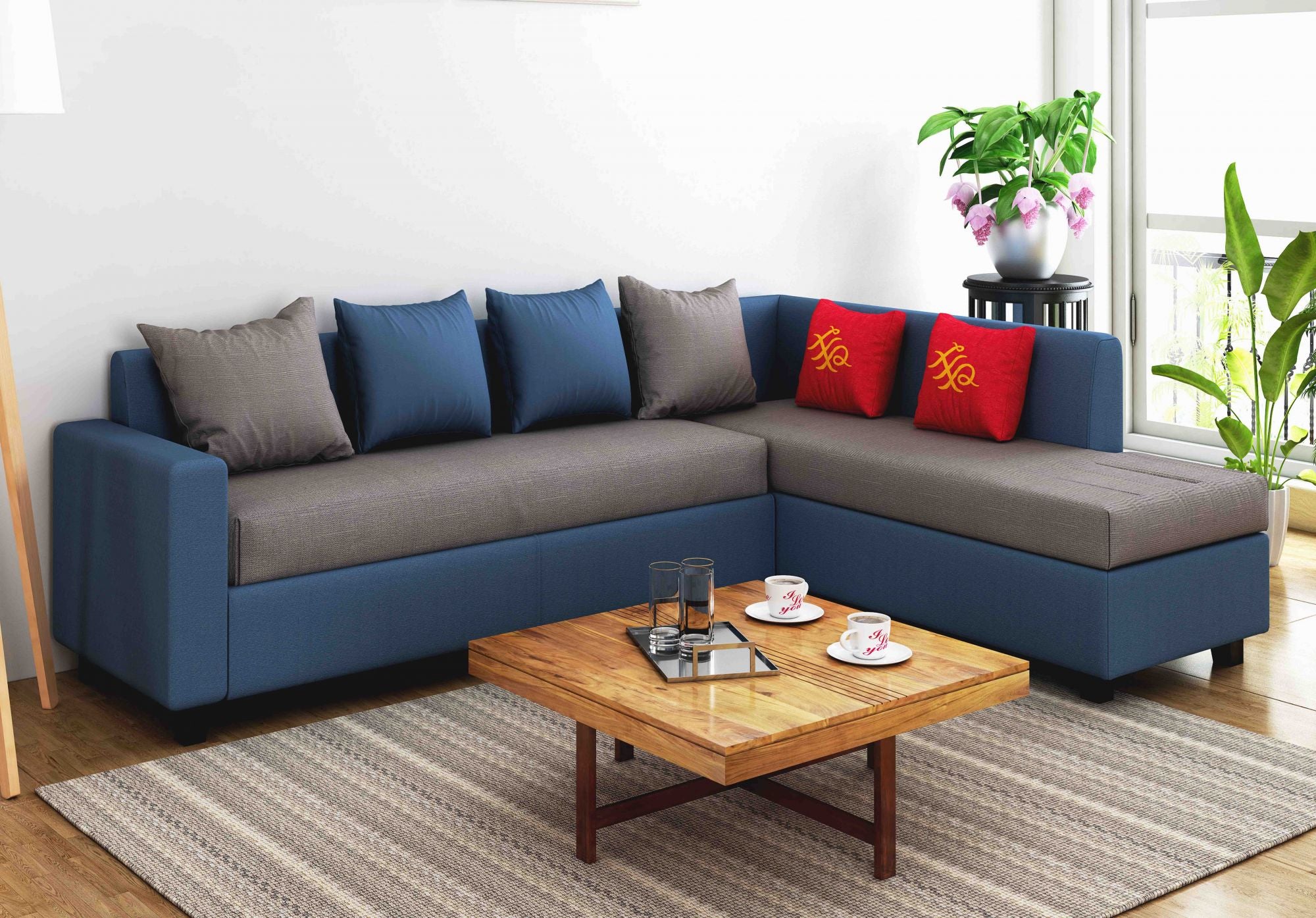 Hera L Seater Sectional Fabric Sofa in Blue / Grey Finish (3+1)