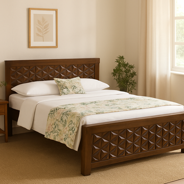 Jungle Solid Wood Queen-XL Size Non Storage Bed in Dark Walnut Finish