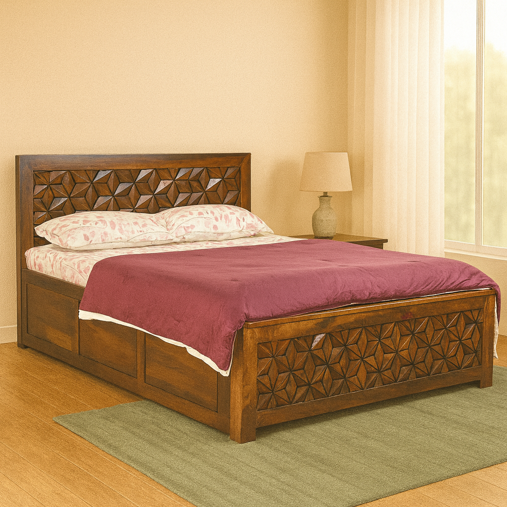 Jungle Solid Wood Queen Size Hydraulic Bed in Dark Walnut Finish