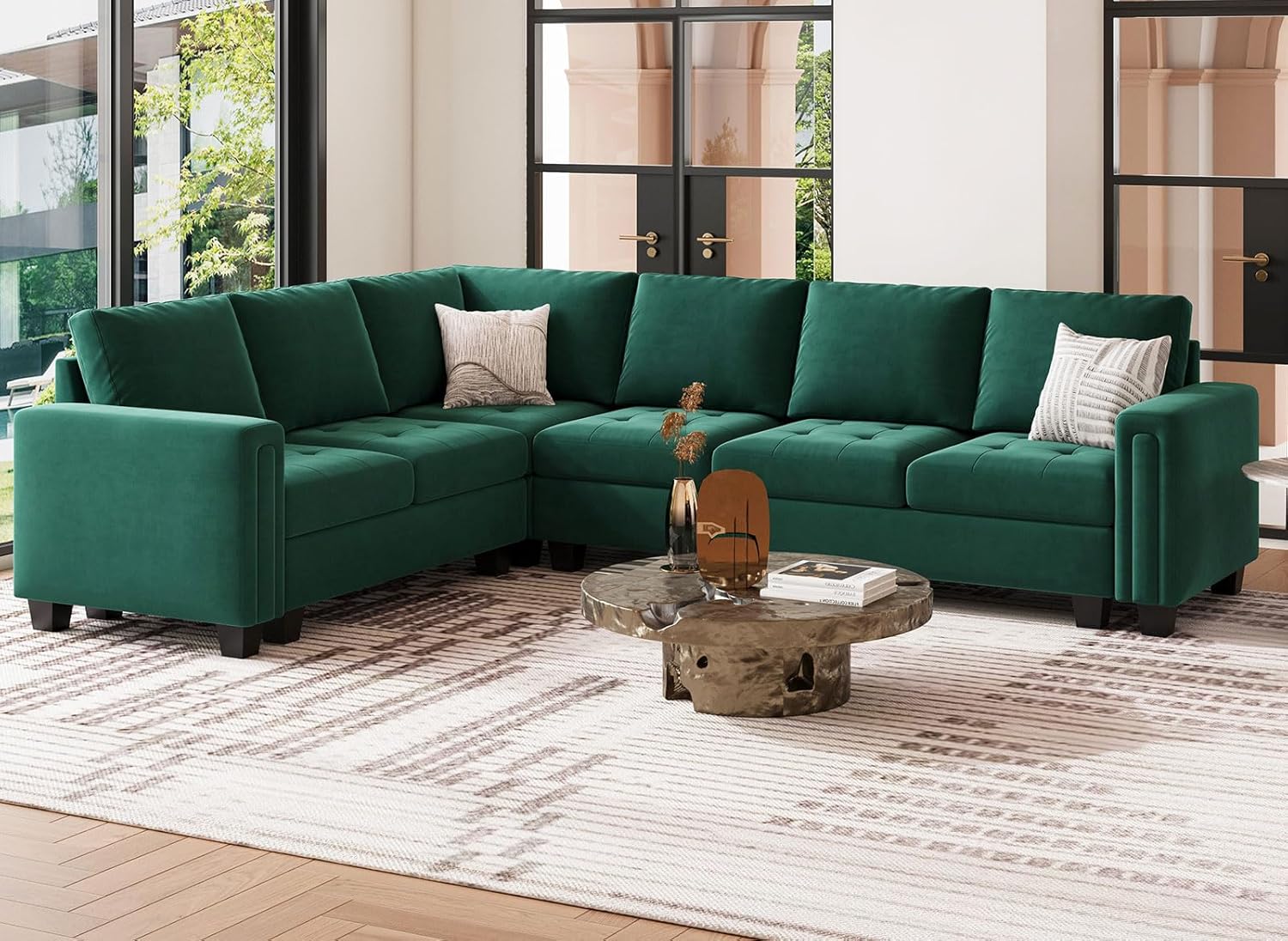 Linus Corner Sectional Fabric Sofa in Green Finish (3+3)