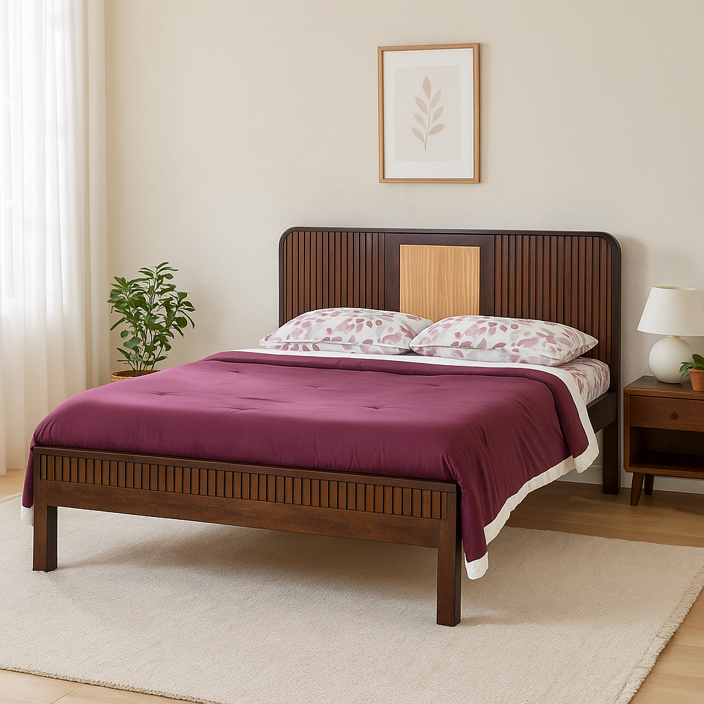 Asmara Solid Wood Queen-XL Size Non Storage Bed in Dark Walnut Finish