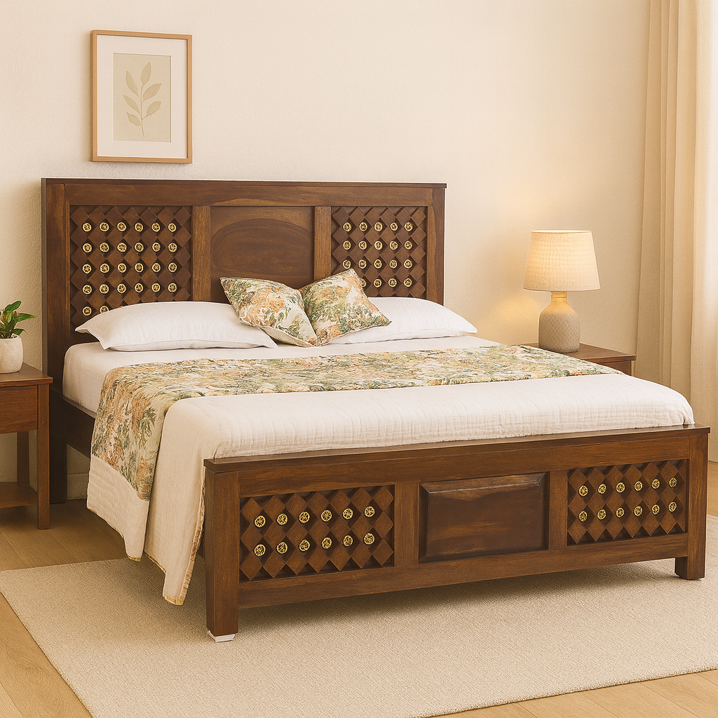 York Solid Wood Queen-XL Size Non Storage Bed in Dark Walnut Finish