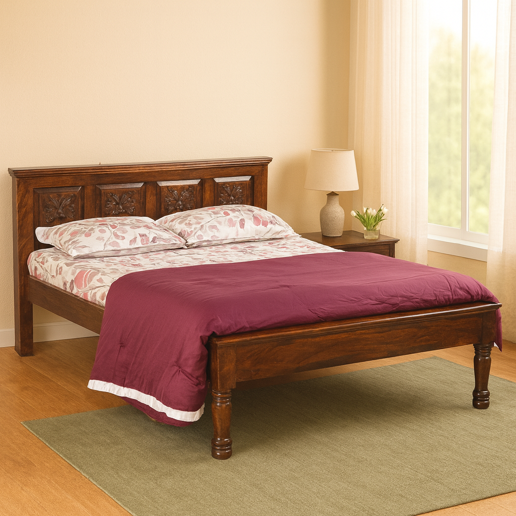 Mark Solid Wood Queen Size Non Storage Bed in Dark Walnut Finish