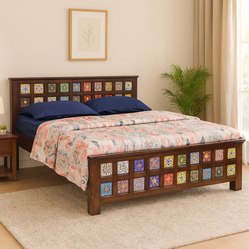 Aboone Solid Wood Queen Size Non Storage Bed in Dark Walnut Finish