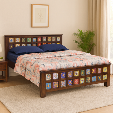 Aboone Solid Wood Queen Size Non Storage Bed in Dark Walnut Finish