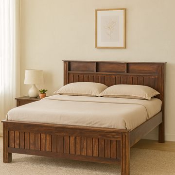 Azura Solid Wood Queen Size Non Storage Bed in Dark Walnut Finish  With Shelf