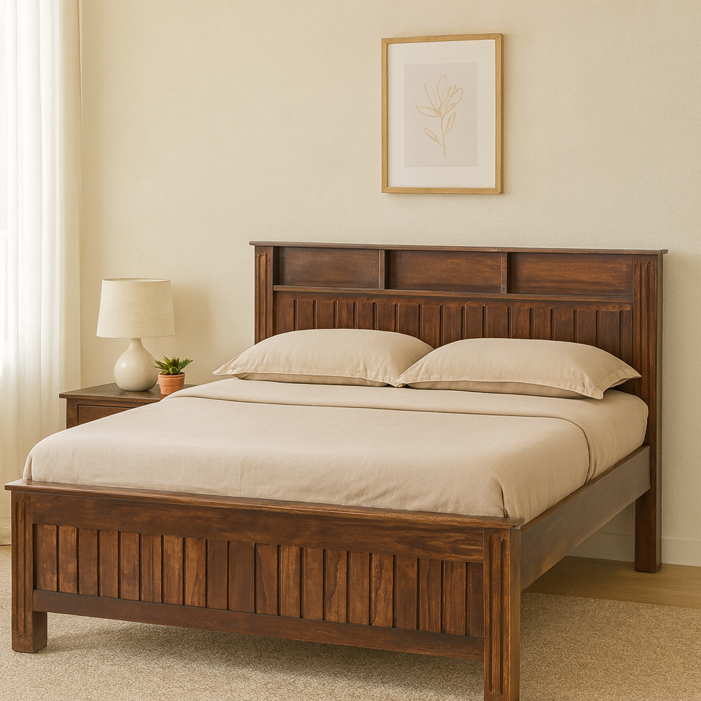 Azura Solid Wood King Size Non Storage Bed in Dark Walnut Finish  With Shelf