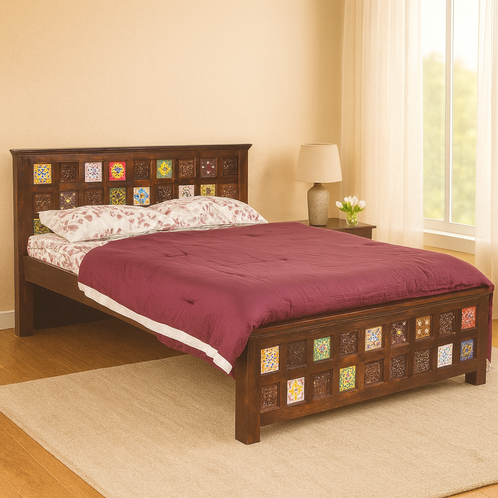 Apache Solid Wood Queen-XL Size Non Storage Bed in Dark Walnut Finish