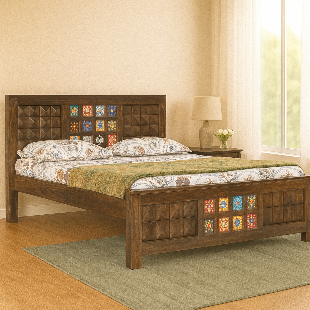 Mailo Solid Wood Queen-XL Size Non Storage Bed in Dark Walnut Finish