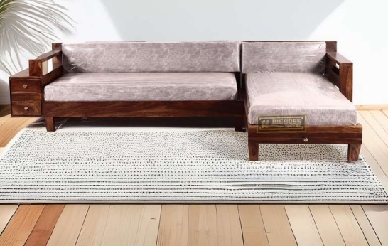 Wooden L Seater Sectional Fabric Sofa in Natural  Finish (3+1)