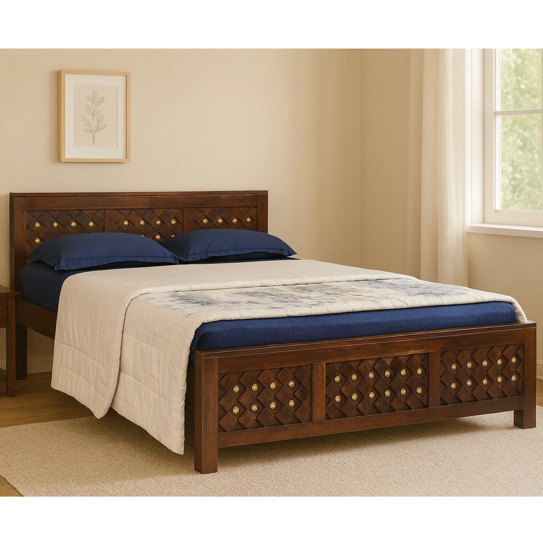 Astor Solid Wood Queen Size Non Storage Bed in Dark Walnut Finish
